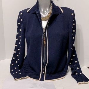 ST. JOHN cardigan navy zipper polka dot